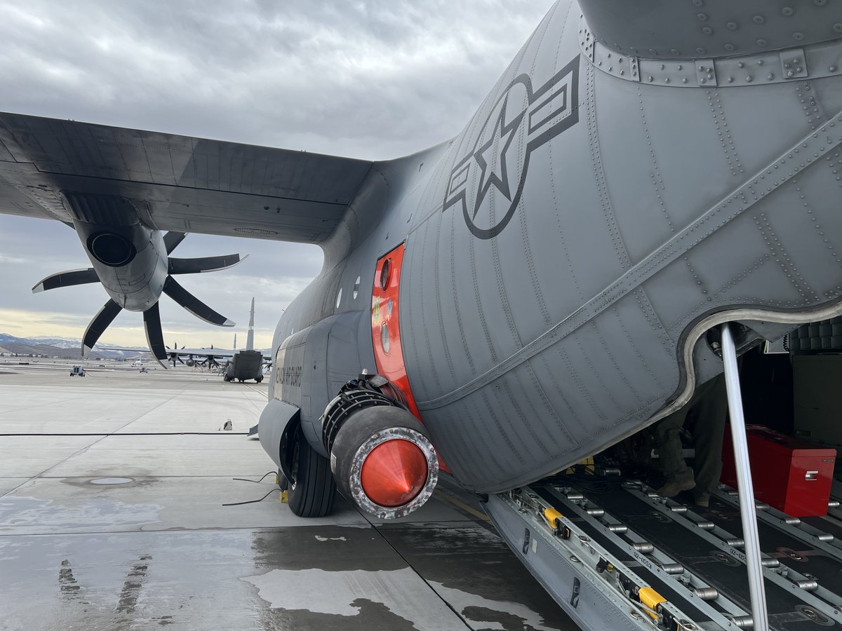 A C-130 from the 152nd Airlift Wing equipped with USDA Forest Service MAFFS II (Modular Airborne Fire Fighting System) is ground tested as part of MAFFS Preseason Maintenance on Feb. 16, 2024.  #MAFFS #C130 #C130Hercules #Wildfires #USFS #AerialFirefighting #DVIDSHub #Wildfire