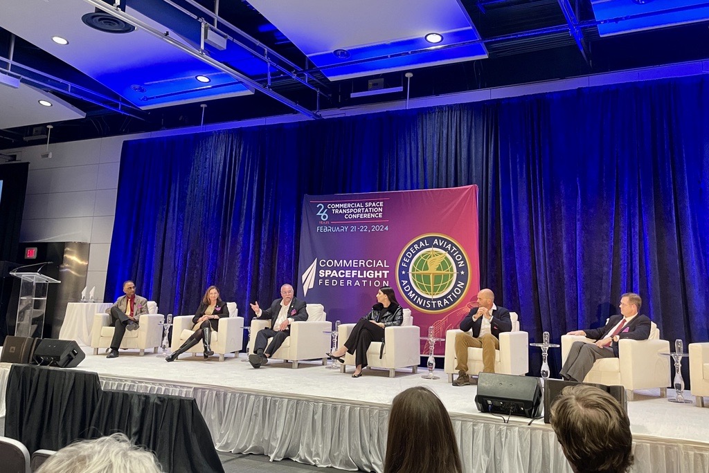 Redwire's tweet photo. At the 26th FAA Space Conference, Mike Gold, CGO, highlighted the power of collaboration: "Public-private partnerships have created a second golden age of space exploration." Our ROSAs from ISS to Blue Origin & the Gateway, showcase this. United, we achieve wonders. #SpaceUnity https://t.co/StE9N6eXx6