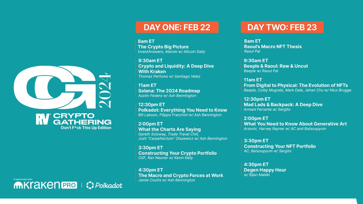 🧵 The Crypto Gathering 2024 Agenda: 

🔥 Meet some of the biggest players in the #crypto space who will be part of this 2-day event... 1/26

*In partnership with <a href="/Polkadot/">Polkadot</a> and <a href="/krakenpro/">Kraken Pro</a>