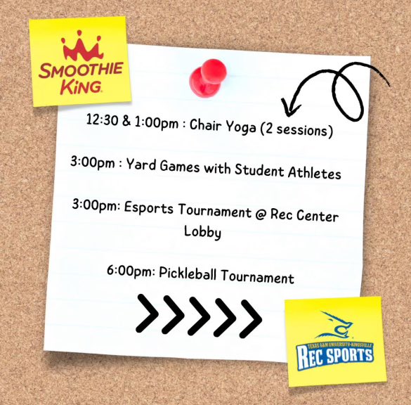 TAMUK_SAAC's tweet photo. Y’all come out for rec day for lots of fun activities! Come visit your Javelina student athletes in front of the rec for some yard games and smoothies! 
#javPUREhearts https://t.co/Sj16XYXMi5