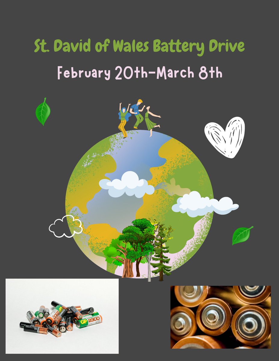 St_DavidofWales's tweet photo. Hey Dragons! We are having a Battery Drive 🔋 Bring in your used batteries and help keep them out of our landfills! 🌎 #Batterydrive #ecodragons https://t.co/amvcGEcIKI