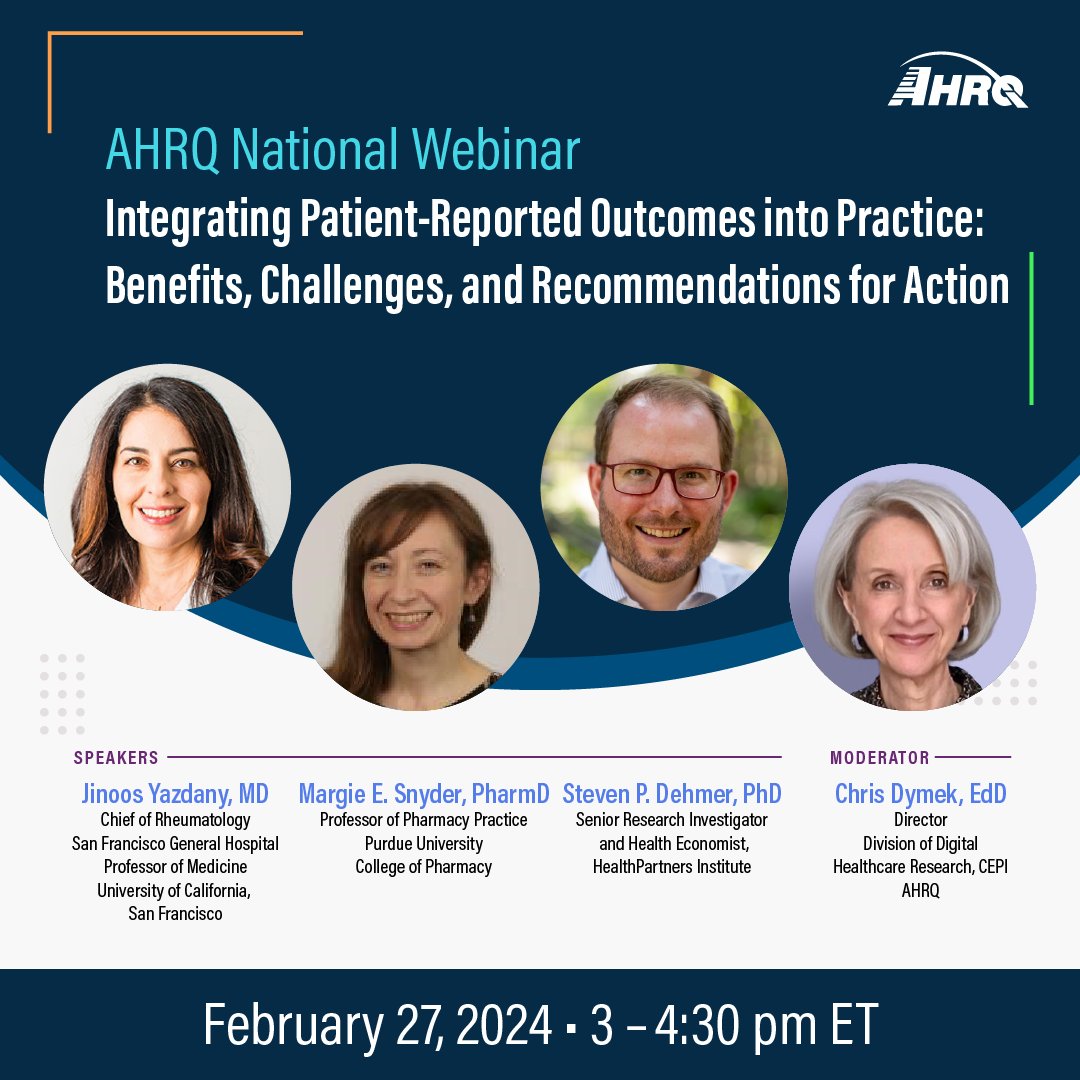 Mark your calendar for February 27th for #AHRQ's free webinar on Patient-Reported Outcomes. Gain valuable insights on using PROs for various health conditions. #Research bit.ly/3SbvN1c