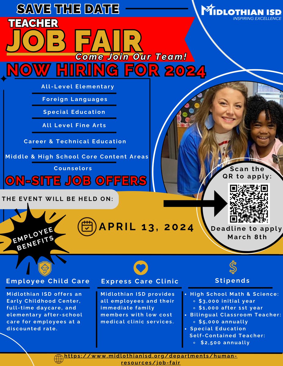 We are hiring teachers for 2024! Apply now for our Teacher Job Fair at Dieterich Middle School on Saturday, April 13! midlothianisd.org/departments/hu…