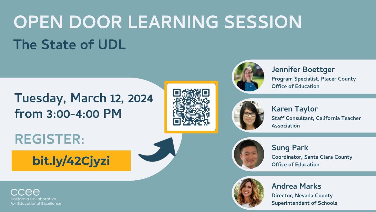 CCEE (@cceeca) on Twitter photo Are you passionate about improving education in California? Join us for a deep dive into the State of UDL in California on🗓️ Mar 12, 2024, at ⏰3:00 PM. Our panel of experts will share their insights and recommendations. Register now! bit.ly/42Cjyzi #Education #Webinar Are you passionate about improving education in California? Join us for a deep dive into the State of UDL in California on🗓️ Mar 12, 2024, at ⏰3:00 PM. Our panel of experts will share their insights and recommendations. Register now! bit.ly/42Cjyzi #Education #Webinar