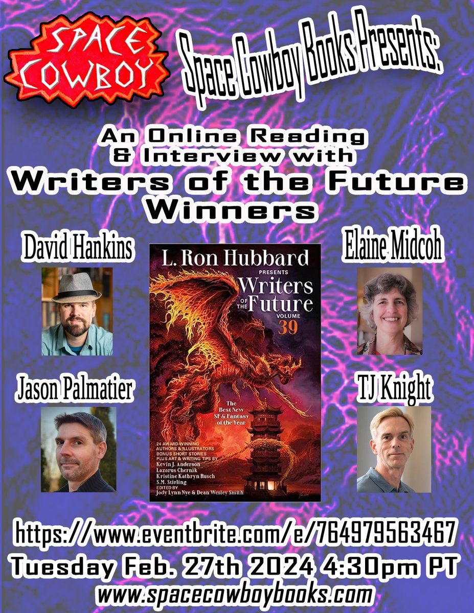 Thrilled to be joining my fellow Writers of the Future V39 winners for an online reading and interview! Join us for a chat with @space_books on Feb 27th at 6pm CST.

Pre-registration link:
eventbrite.com/e/764979563467

#WritingCommunity #WOTF39 #awardwinning #Writersofthefuture