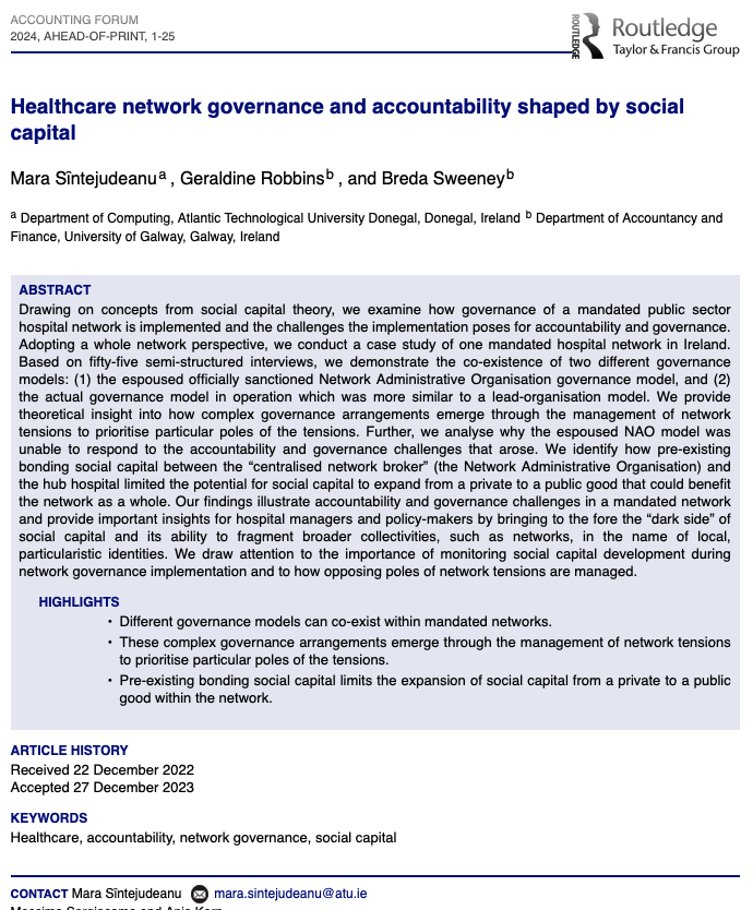 📢 Hot Off the Press in #AccForum- #Healthcare network #governance and #accountability shaped by #social #capital by Mara Sintejudeanu, Geraldine Robbins & Breda Sweeney @atu_ie @uniofgalway #socialcapital @tandfnewsroom tandfonline.com/doi/full/10.10…