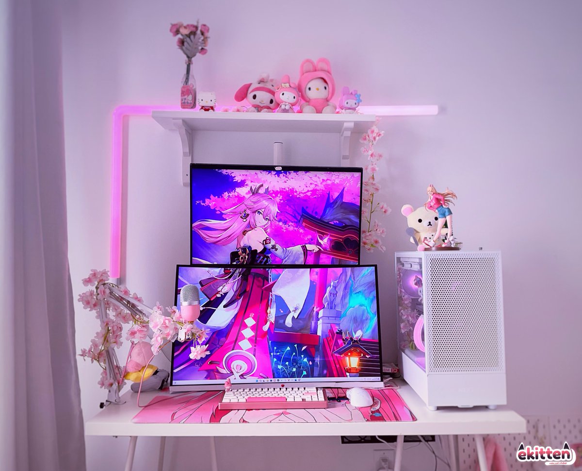 ekittenisme's tweet image. ⌜my vtuber streaming setup⌟  yes.. there is a giant hole in my wallet! I was going for a pink pc setup (＾-＾)＿日

#ENVtuber #twitchtv #pinkpc #vtuber #genshintwt