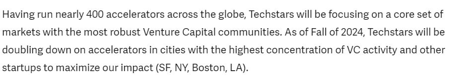 techstars shutting down hundreds of accelerators where they're the only game in town... ...to focus on the markets where they're needed least. good luck with that deal flow lol