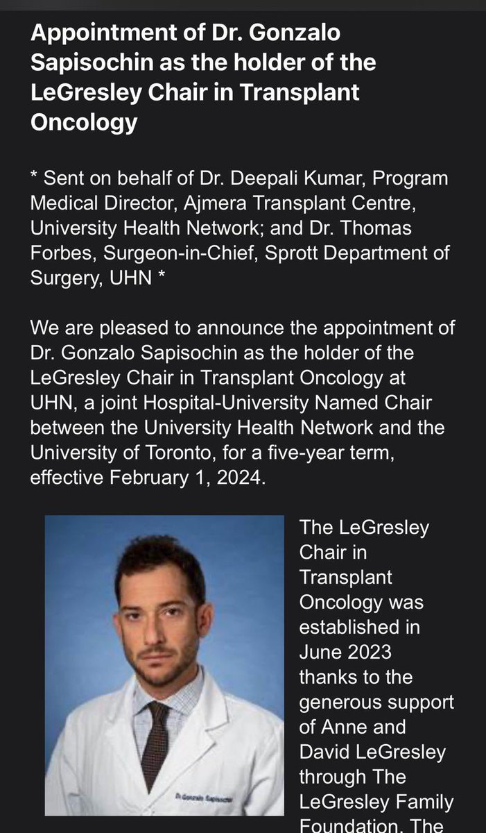 I am beyond delighted, excited and grateful for this announcement @UHN @UHNTransplant @UHN_Surgery @uhnfoundation to become The LeGresley Chair in Transplant Oncology. The future of #transplantoncology is now ⭐️⭐️. Thanks to the Legresley Foundation for this opportunity!