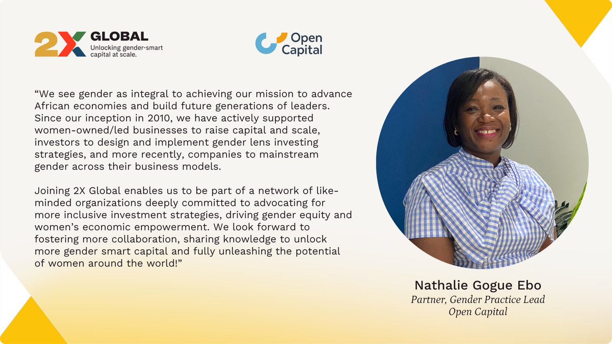 Our community of committed gender lens investing actors is growing daily! We're so pleased to announce that Open Capital, a management consulting and advisory firm focused on Africa, is now part of the 2X Global membership network. Welcome to the 2X Global community!