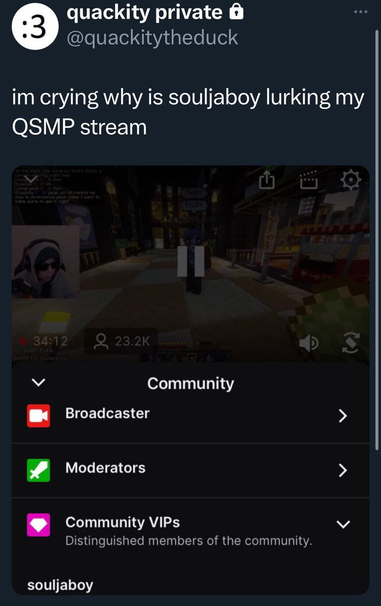 privatedsmp's tweet photo. @.quackitytheduck : im crying why is souljaboy lurking my QSMP stream https://t.co/DsGplyz4dc