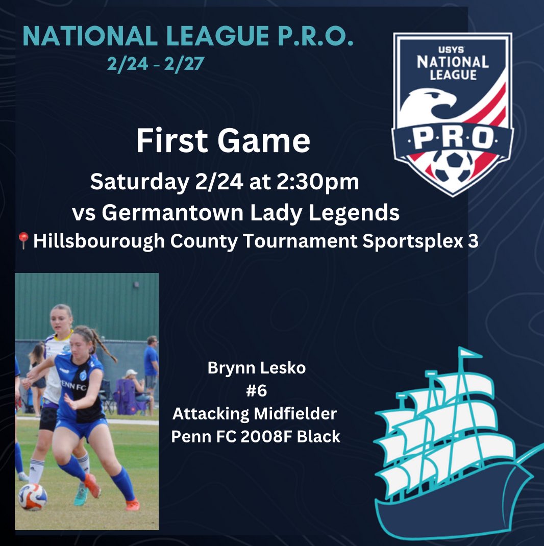 BrynnLesko2027's tweet photo. First game schedule is out and the time is below! Can’t wait to head out to Tampa and work hard. Let’s go Penn FC!! #EarnYourPlace @NationalLeague @PennFCYouth @ImCollegeSoccer @SJUHawks_WSoc @KutztownSoccer @Widener_WSoccer https://t.co/t4CQj3fs8h