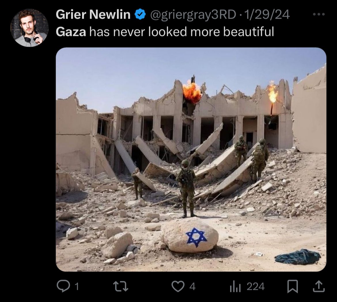 AIPAction's tweet photo. “Gaza has never looked more beautiful.”

Grier Newlin is a @Columbia alum and DJ in New York. https://t.co/GSyIAuSFg2
