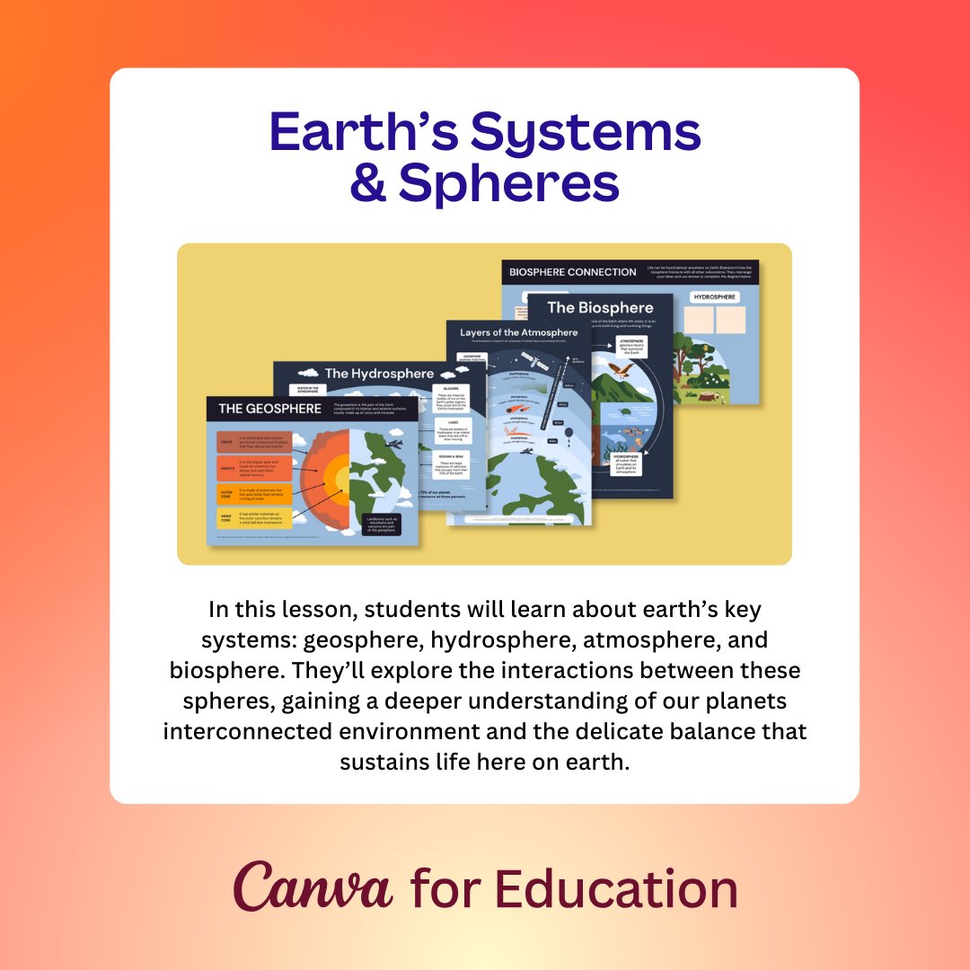 Explore the wonders of Earth's Systems and Spheres with our #CanvaEDU lesson!🌎 Dive deep into geology, atmosphere, hydrosphere, and biosphere in an interactive and engaging way. 🔎Discover it in our template marketplace. canva.com/lesson-templat…