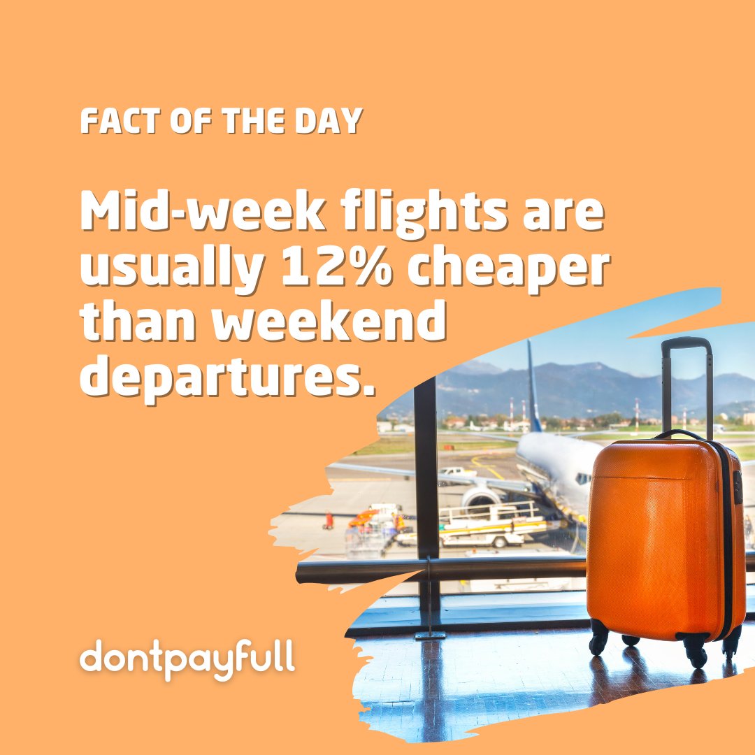 Mid-week flights are usually 12% cheaper than weekend departures. For domestic flights, savings can reach up to 20%. Plan your trips wisely! ✈️💰 #DontPayFull #FactOfTheDay #DidYouKnow #TravelSavings #SaveMoney