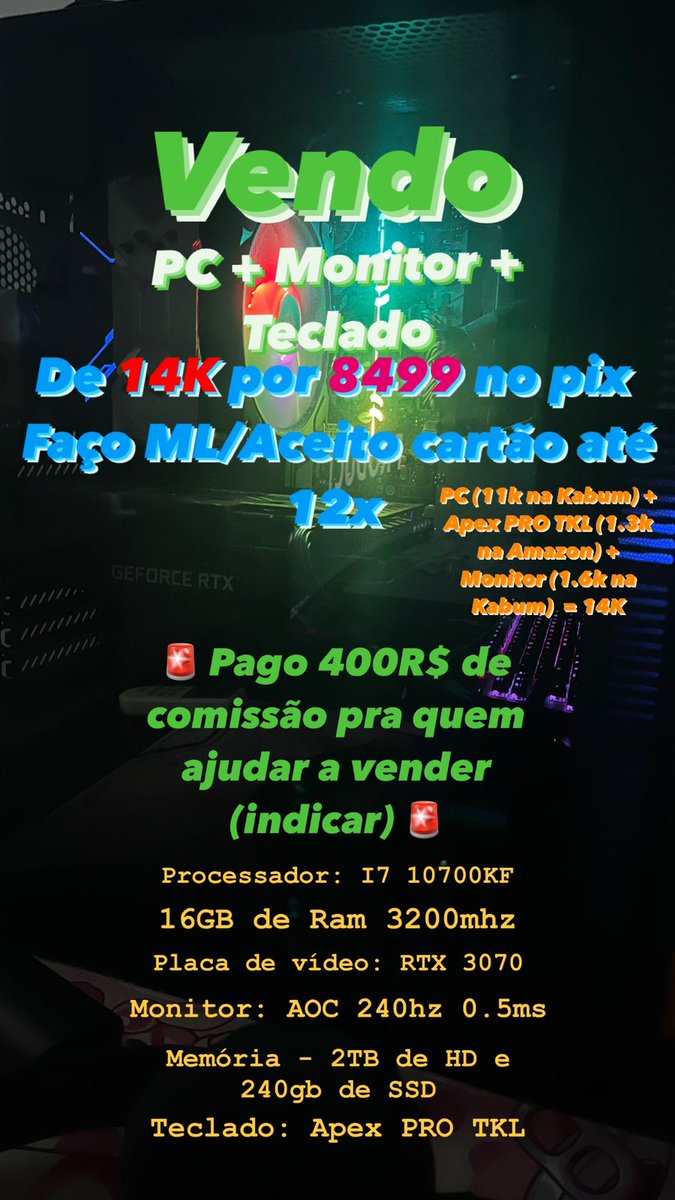 wizeira1's tweet photo. Tô vendendo meu PC, meu apex e meu monitor, quem tiver interesse pode chamar DM e quem puder ajudar com RT fico muito grato 😃
Qualquer dúvida, DM https://t.co/a2gmDZAJ1D