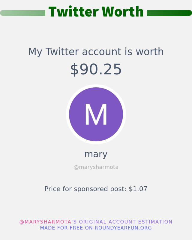 My Twitter worth is: $90.25

➡️ funxgames.me/twitterworth