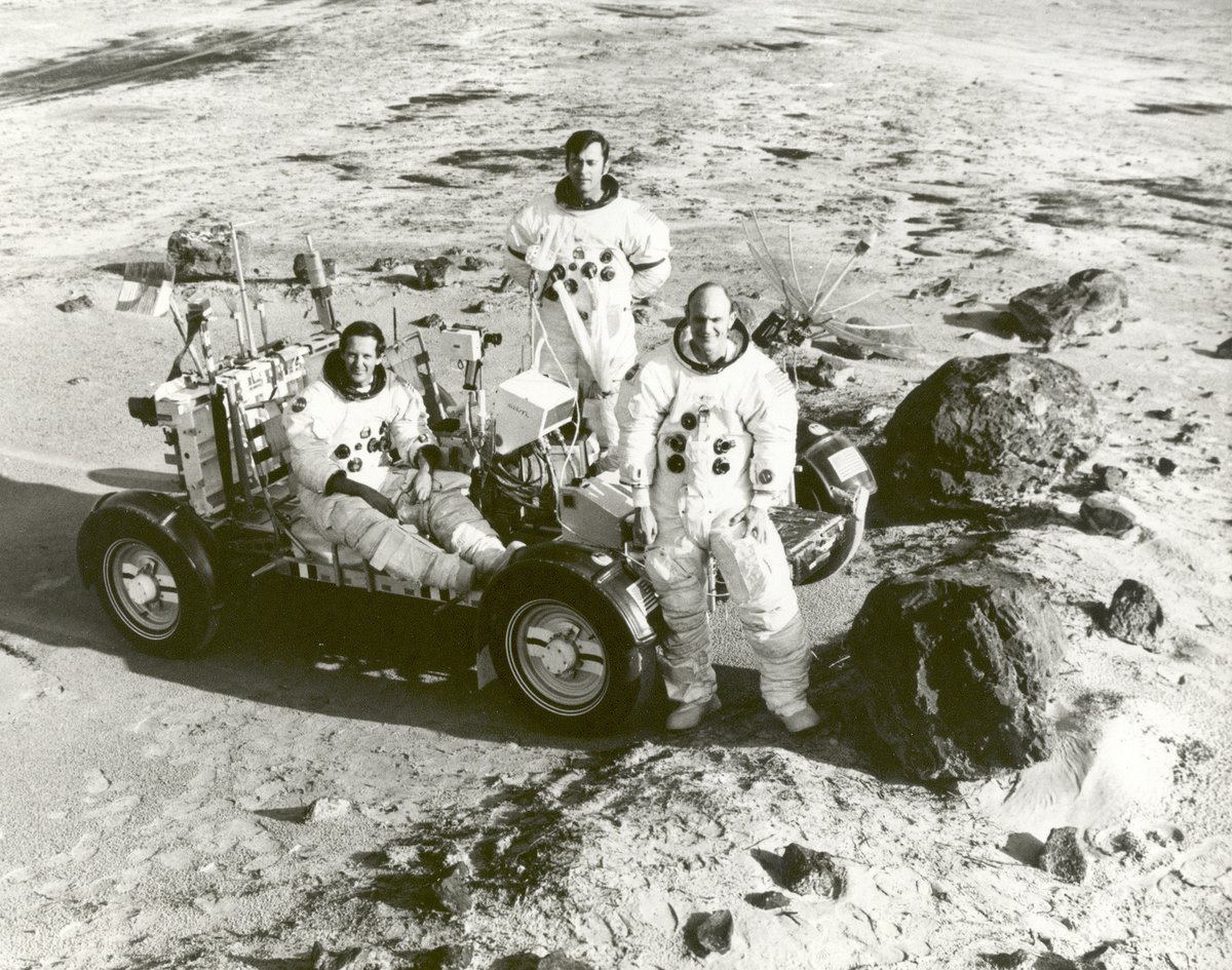 The people in the photo from left to right are: Charles Duke, John Young, and Thomas 'Ken' Mattingly. They are the crew of the second to last Apollo mission, Apollo 16. (2/10)