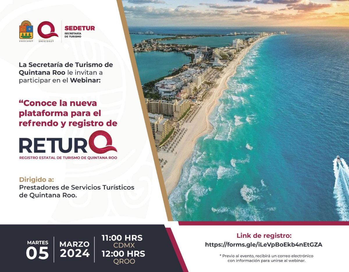 SedeturQROO's tweet photo. 📣¡Atención a todos los prestadores de servicios turísticos de #QuintanaRoo!
Los invitamos al webinar: "Conoce la nueva plataforma para el refrendo y registro de #RETURQ". Descubre paso a paso cómo realizar tu refrendo o registro.
Regístro: https://t.co/zJvXrppD36 https://t.co/cta9DVxjGL