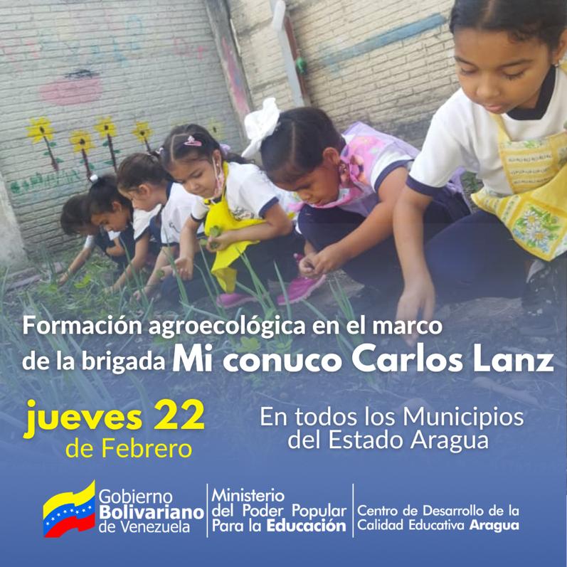 Este jueves 22 de febrero Jornada de Formación Agroecológica en el marco de la Brigada 'Mi Conuco Carlos Lanz' en todos los municipios del Edo. Aragua. #HumanidadDePazYUnion @NicolasMaduro @_LaAvanzadora @MPPEDUCACION @PiedadQuintana1 @Soykarinacarpio