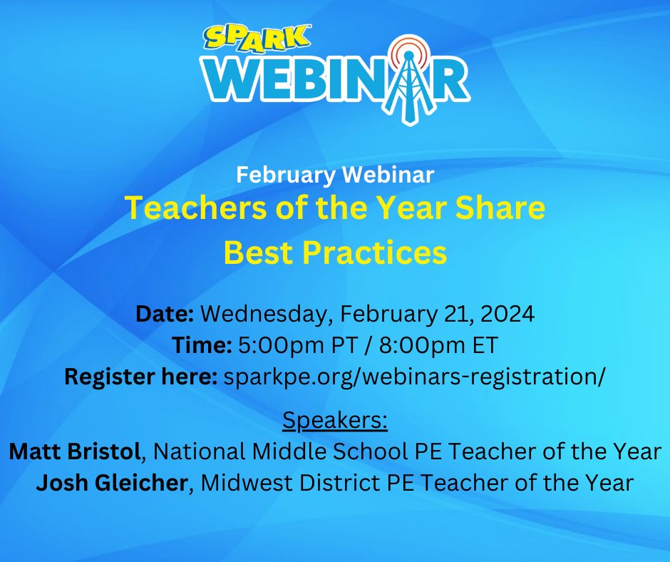 📣 Starts in about 30 mins! 
5:00pmPT/8:00pmET 
SPARK February Webinar: Teachers of the Year Share Best Practices
Register here & join live OR register & access the recording later: bit.ly/3TrwoLH?utm_so…
@SHAPE_America #physed #healthed @welltrain_co @GWPublisher #TOYtalk