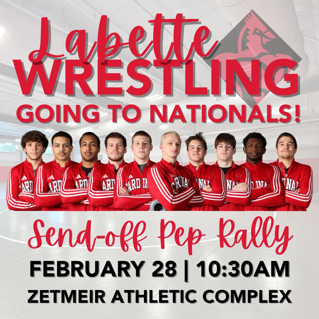 This is a public event and we hope you can join us to celebrate our wrestlers before they leave for Nationals! 🎊🎊 #LabetteCardinals