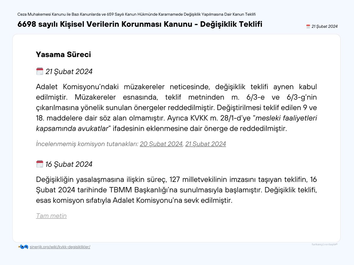 #KVKK'ya ilişkin değişikliklikleri de içeren 8. Yargı Paketi, TBMM Adalet Komisyonu'nda kabul edildi. Yasama sürecindeki Kişisel Verilerin Korunması Kanunu'nu ilgilendiren güncel detaylar için: sinerjik.org/wiki/kvkk-degi…