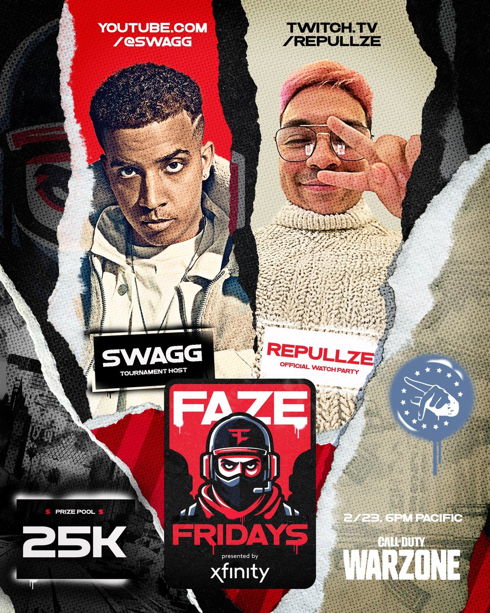 FaZeClan's tweet image. FAZE FRIDAYS ARE BACK 🔥 

@Swagg’s hosting another $25K Warzone tourney presented by @Xfinity, featuring an official @Repullze Watch Party. Who needs an invite? 👀 

#XfinityPartner | #FaZeUp