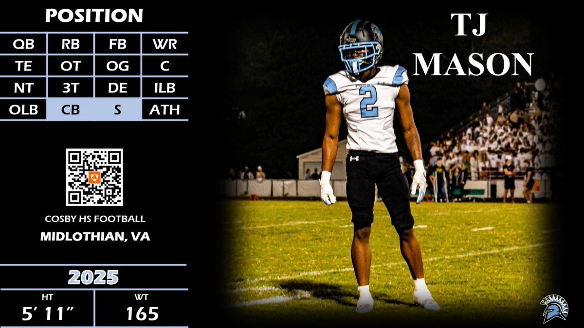 My recruitment is wide open awaiting for that first offer. tjmason06@icloud.com 804-550-6727 @Coach_Wild @CosbyTitansFB hudl.com/v/2MYFR1