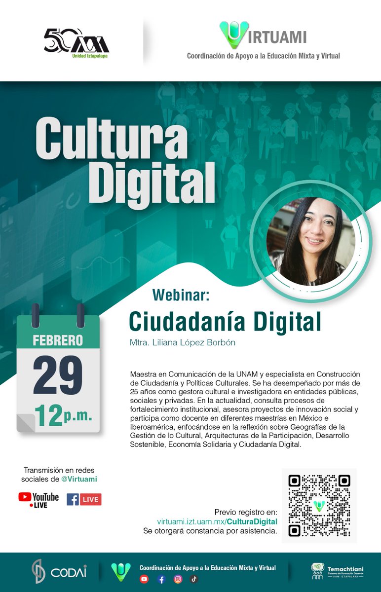 UAM_Iztapalapa's tweet photo. 📲💻🖥👥 #Webinar: "Ciudadanía Digital".
Imparte: Mtra. Liliana López Borbón. Maestra en Comunicación de la UNAM y especialista en Construcción de Ciudadanía y Políticas Culturales. 
febrero 29, 12 h.
Registro: https://t.co/b1R5QIQ1ZW
contacto@virtuami.izt.uam.mx
#Virtuami https://t.co/sB5OtOSPYh