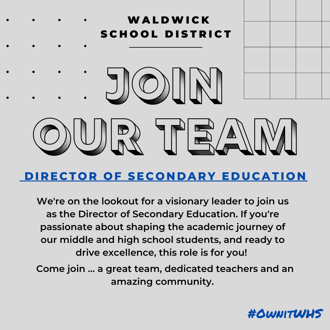 📢 Exciting news for the Waldwick school district! Job posting: Director of Secondary Education at Waldwick School District njschooljobs.com/job/mets69/dir…  #njed #Waldwick #OwnitWHS