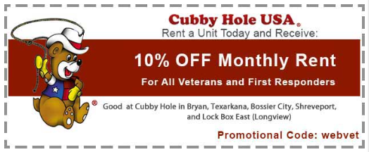 cubbyholeusa's tweet photo. Cubby Hole USA® honors veterans and first responders with a 10% discount on monthly rent! Reserve your unit today using promo code "webvet" and enjoy the savings. Thank you for your service! #selfstorage #storage #storageunit #louisiana #texas https://t.co/LtDaJuOALB