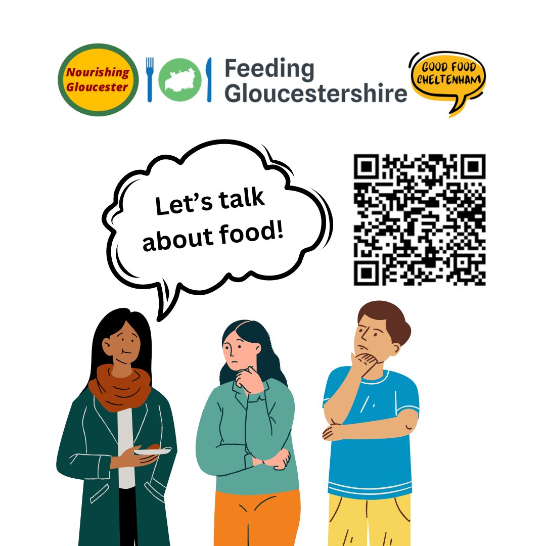 Feeding Gloucestershire are working with @goodfoodchelt and @NourishingGlos on a cross district community conversation asking our communities ‘Good Food- what does it mean to you?’. Please tell us what good food means to you. Go to forms.gle/qowJi1KJeM3A1d… scan the QR code now.