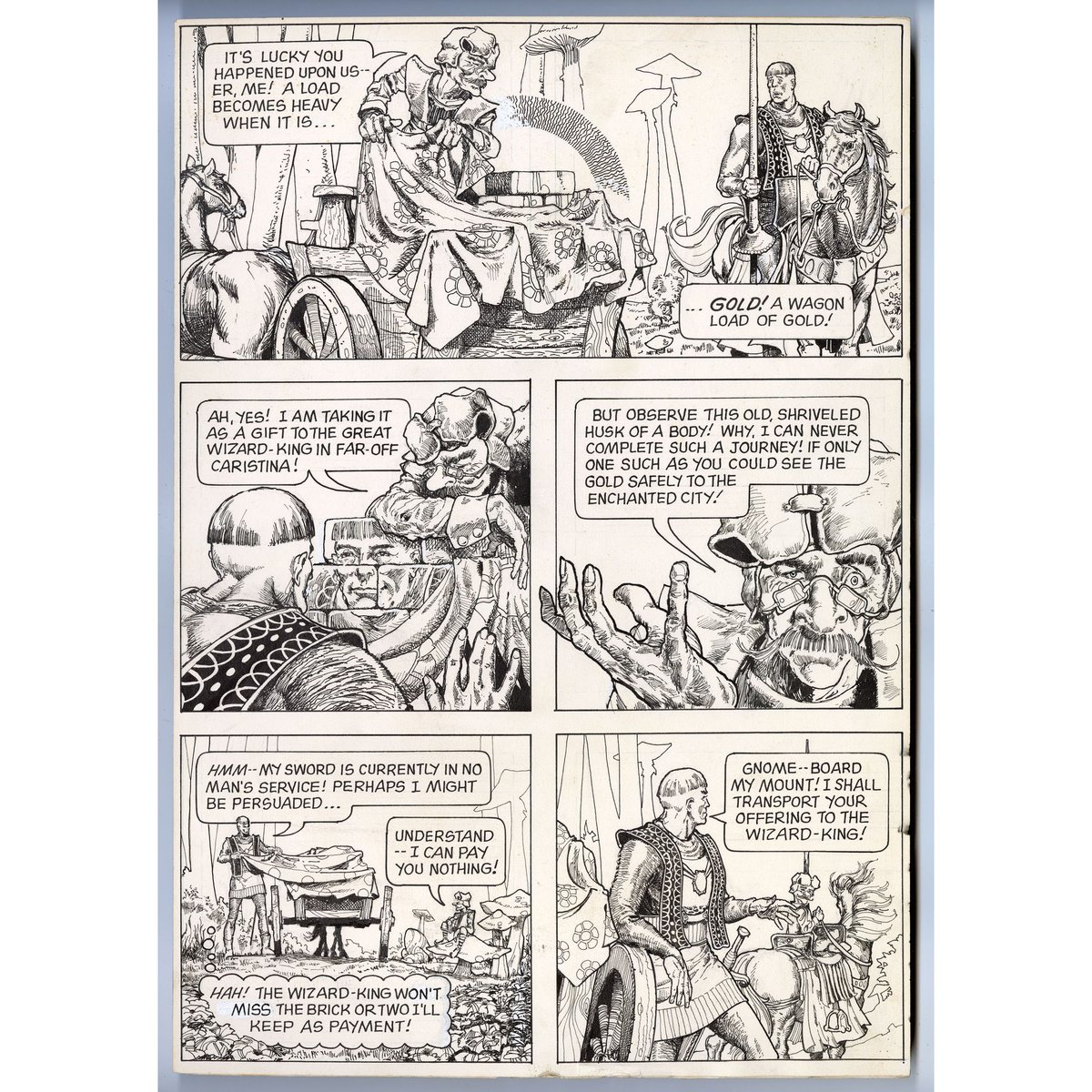 Musk's Daughter, page 2. Rapidographs and India ink. 12.9 x 18.5. 1973. Gold Key provided the drawing paper. You can see the non-repro blue lines dividing the page into 6 panels. The idea was for the script to do five panels a page, and combine two adjacent panels into one.