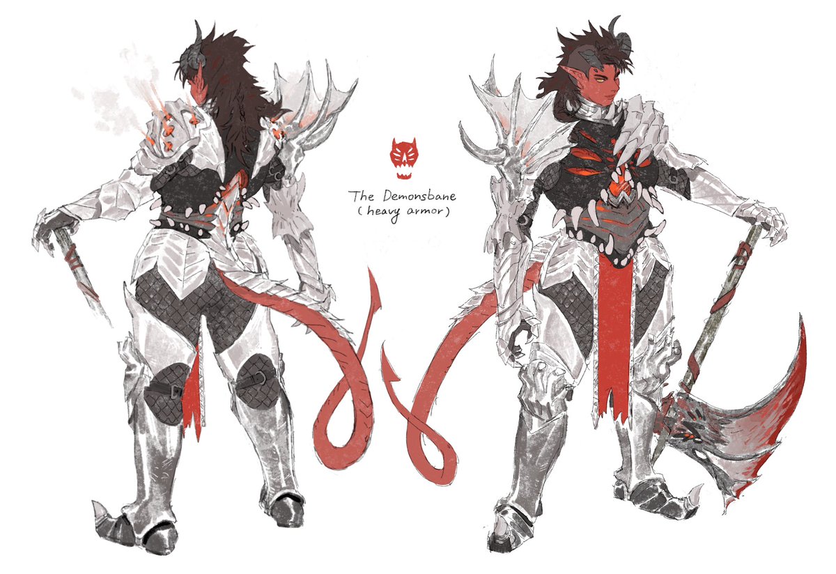 armor weapon red skin axe tail horns colored skin  illustration images