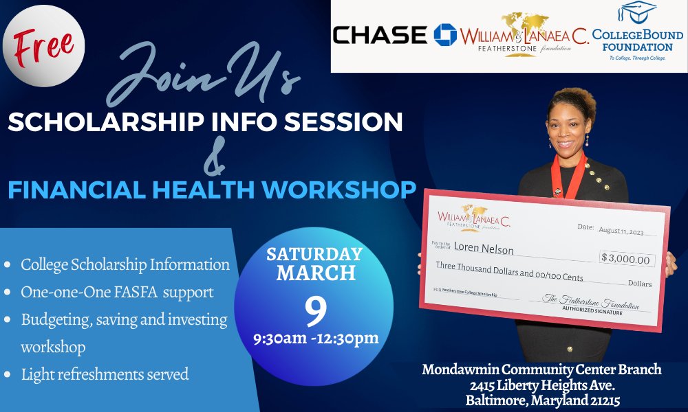 FeatherstoneFdn's tweet photo. Join @Chase, @FeatherstoneFdn, and @CollegeBoundFnd for a free event to support your financial wellness. Attendees will receive:

-College Scholarship Information
-One-one-One FASFA support
-A workshop on budgeting, saving and investing

Register here: https://t.co/WB8n3D0fLH https://t.co/oB6LadElWE