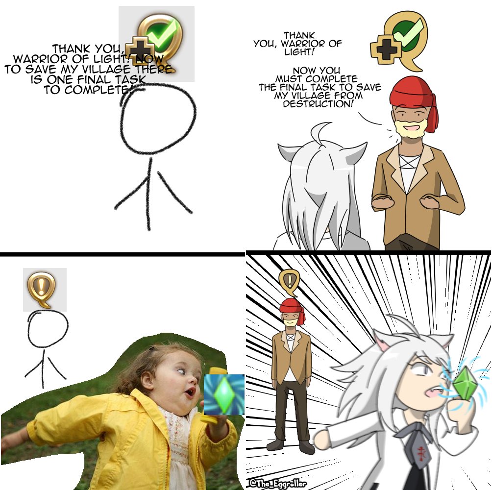 The_Eggroller's tweet photo. fun fact!
my first ffxiv comic I made was the left image that I was going to post, but I decided to put a little more effort into it and I am where I am today because of it 😊 https://t.co/5TKpZ4jSeO