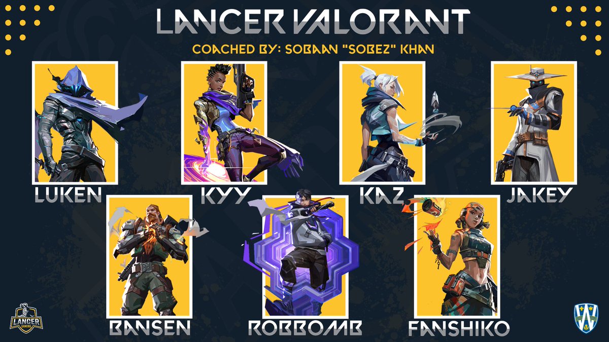 Introducing our Winter 2024 Valorant squad!

📝Coached By: Sobaan "Sobez" Khan

⚔️Luke "LukeN" Knehler
⚔️Bernadette "kyy" Kristen Nicolas
⚔️Raghav "kaz" Anand
⚔️Jake "Jakey" Macasaet
⚔️Grace "Bansen" Butler
⚔️Robert "RobBomb" Stojkovski
⚔️Danny "Fanshiko" Lubitz