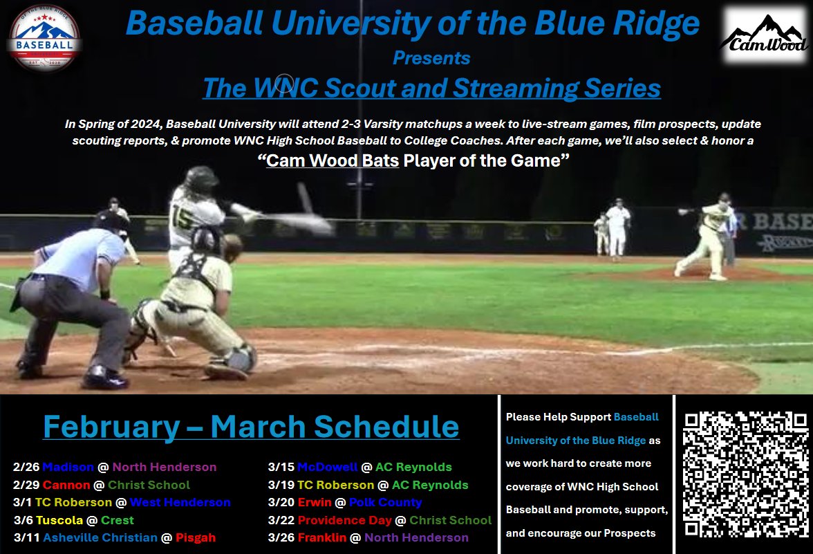 Baseball University of the Blue Ridge (@bbuniversitywnc) on Twitter photo Very excited to announce The WNC Scout & Streaming Series!
First, I want to thank <a href="/CamWoodBats/">CamWood Bats</a> for partnering up with us to help create this opportunity for our WNC ball players.
During the Varsity Season, it's very difficult for College Coaches to find the time to evaluate Very excited to announce The WNC Scout & Streaming Series!
First, I want to thank <a href="/CamWoodBats/">CamWood Bats</a> for partnering up with us to help create this opportunity for our WNC ball players.
During the Varsity Season, it's very difficult for College Coaches to find the time to evaluate