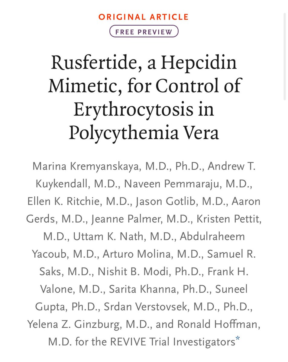 👉👉👉Delighted to share our paper in @NEJM ➡️ Results for Ph2 clinical trial of #PTG300 #Rusfertide a novel #HepcidinMimetic for patients with Polycythemia Vera (PV) | #MPNSM | @MKremyanskaya @KuykendallMd @doctorpemm et al @MDAndersonNews #endcancer nejm.org/doi/full/10.10…