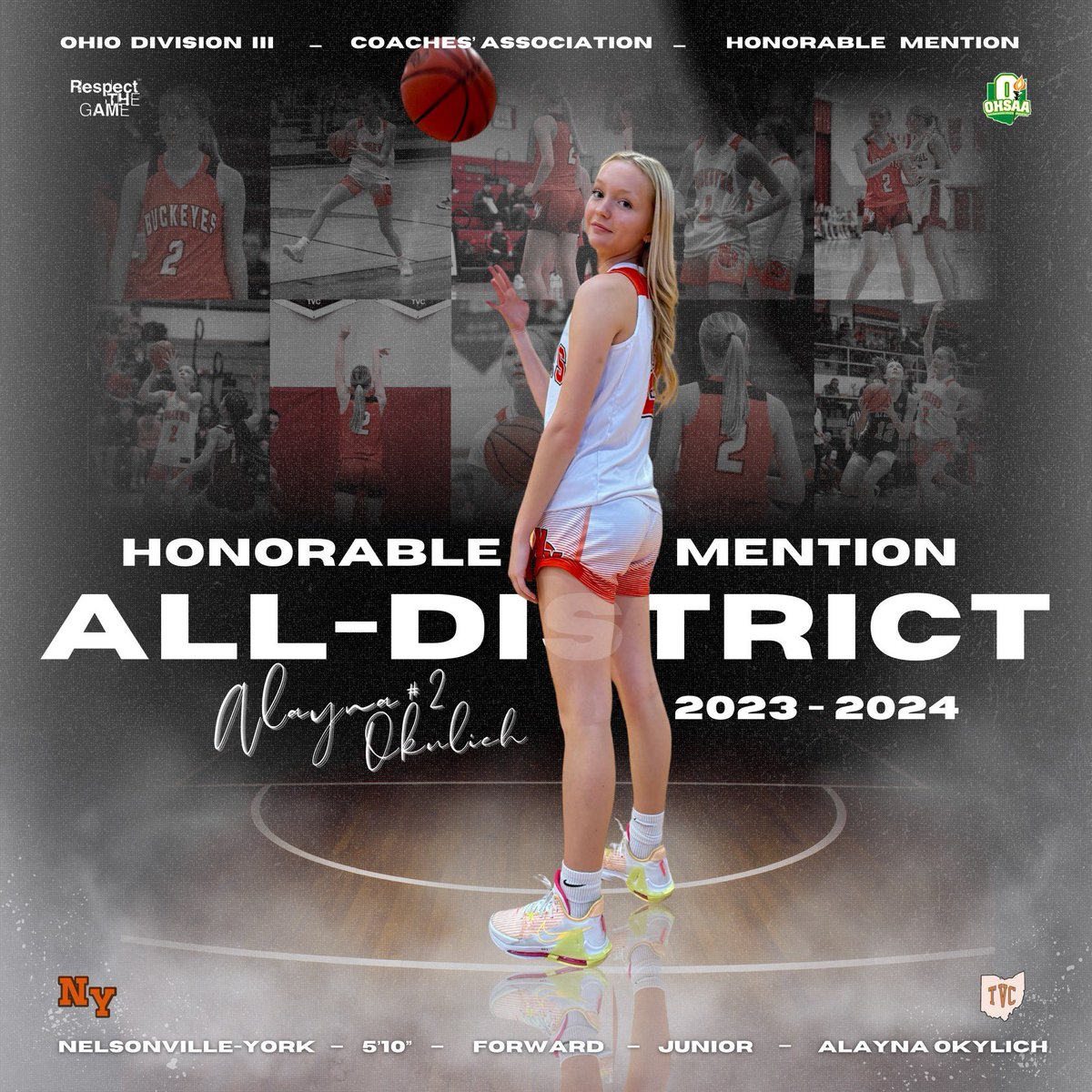 Congratulations to Junior Alayna Okulich for receiving All-District 13 Honorable Mention 🤎🏀