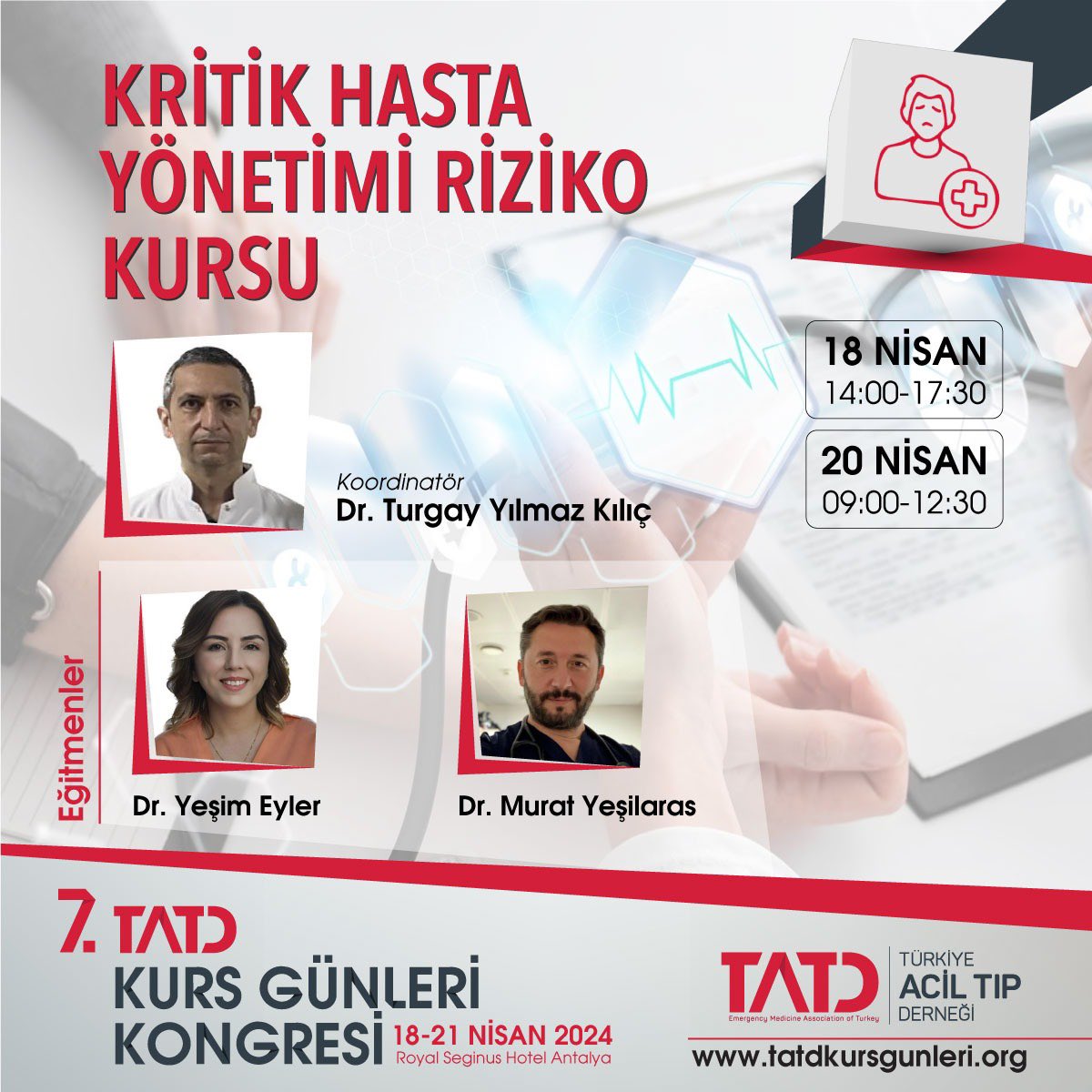🌟Kurslarımızı tanıyalım🌟
 “Kritik Hasta Yönetimi Riziko” Kursu
Programın tamamına ulaşmak için 👉🏻 tatdkursgunleri.org/kurslarimiz/ adresini ziyaret edebilirsiniz. 

🌍 7. TATD Kurs Günleri Kongresi, 18-21 Nisan 2024 tarihlerinde, Antalya’da gerçekleştirilecektir. Kaçırmayın! <a href="/tatdkongre/">TATD KONGRE</a>