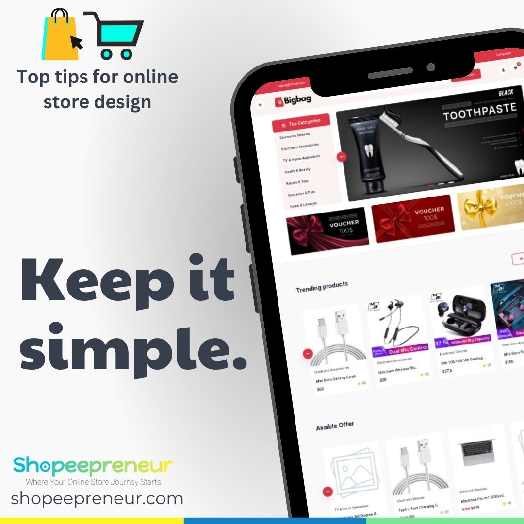 A fundamental design tip for every beginner Shopeepreneur launching their first online store!  #SimplifyDesign #ShopeepreneurWisdom #EstoreBuilder #OnlineStoreDesign #UserExperience #EcommerceJourney #IntuitiveDesign #BeginnerEntrepreneur #ShopSmallMagic #EstoreCreation