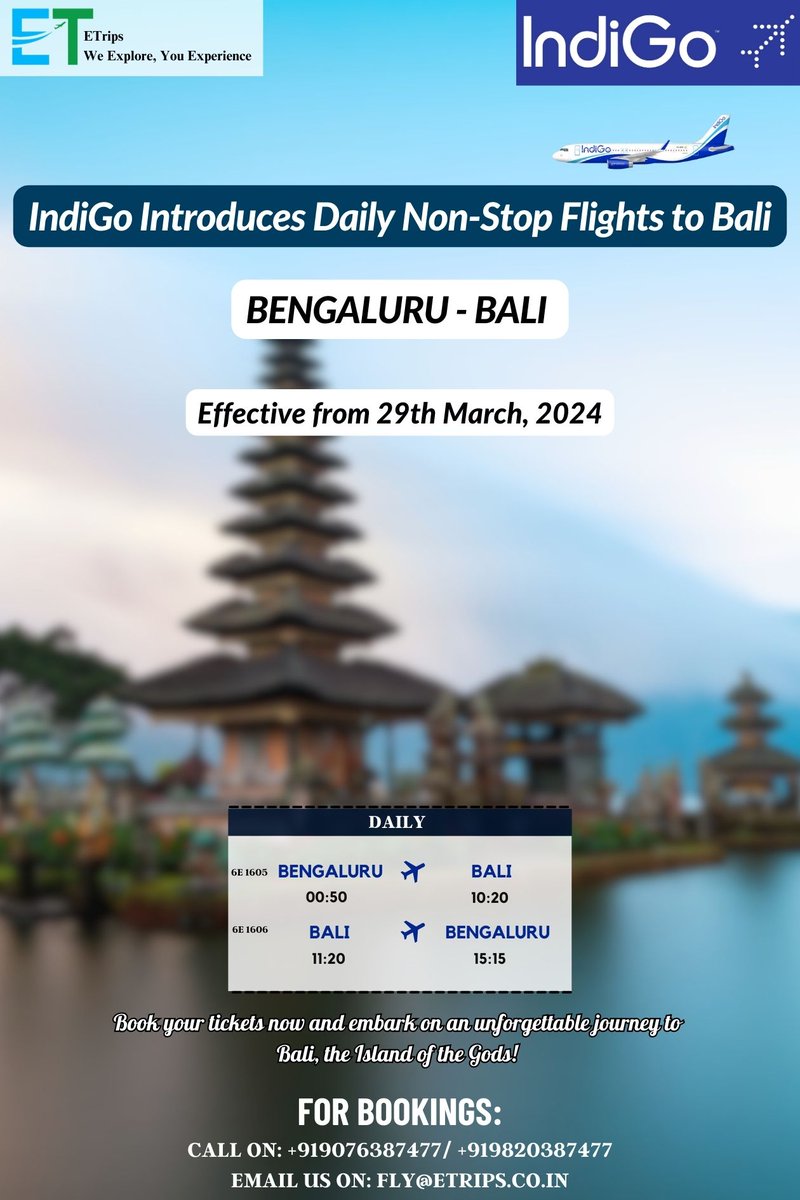 IndiGo introduces daily non-stop flights between Bali & Bengaluru
@IndiGo6E #IndiGo #Bali #Bengaluru #Flights #Travel #Etrips #Flightbooking #Hotelbooking #Tourpackage #Booknow #Nonstop #Daily #Indonesia #India #FlightLaunch #NewRoute #Vacation
