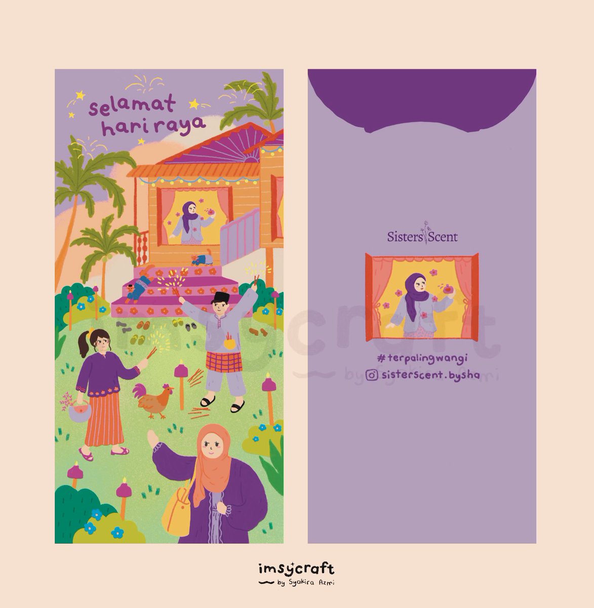 just finished making sampul raya illustration for my sister. she’s selling perfume and wanted to give the sampul as freegifts.

i rarely use purple bcs i dont like it much but it’s my sister’s fav colour 😆 glad she likes this tho.
