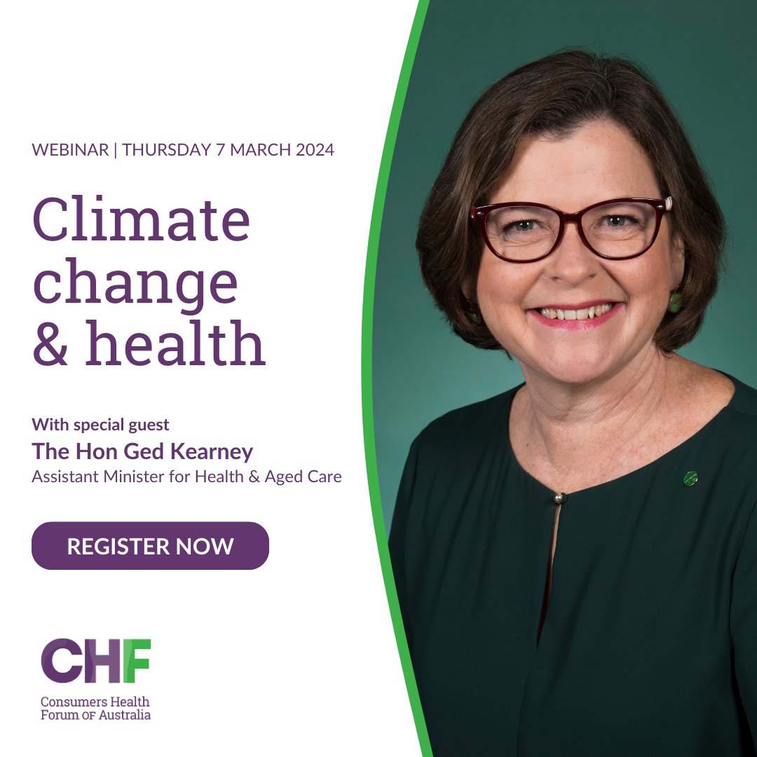 Don't miss our special guest, the Hon @gedkearney, Assistant Minister for Health and Aged Care, at our upcoming webinar. Learn more about the government's strategy for addressing the health and wellbeing impacts of #climatechange. Register today 👉 chf.org.au/events/webinar…