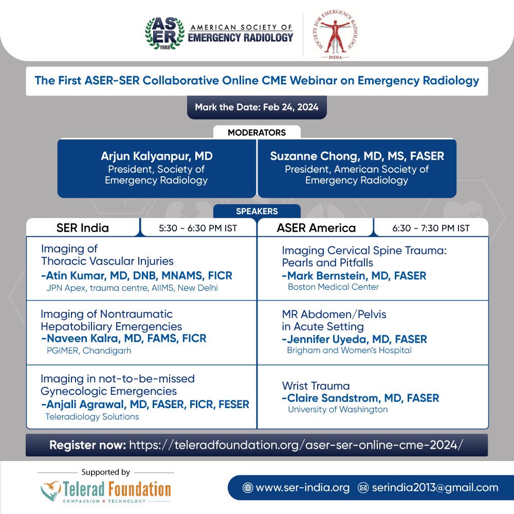 📢 Join our FREE CME webinar (ASER and the Society for Emergency Radiology (SER) on Feb 24th, 2024 (7-9am EST/ US and Canada). Register FREE: lnkd.in/g4mQwF5f #Erad #Radiology #radres #medEd @suzchongmd @uyedajen @EmergTraumaRad @AaronSodickson @TraumaRad @Radiology911