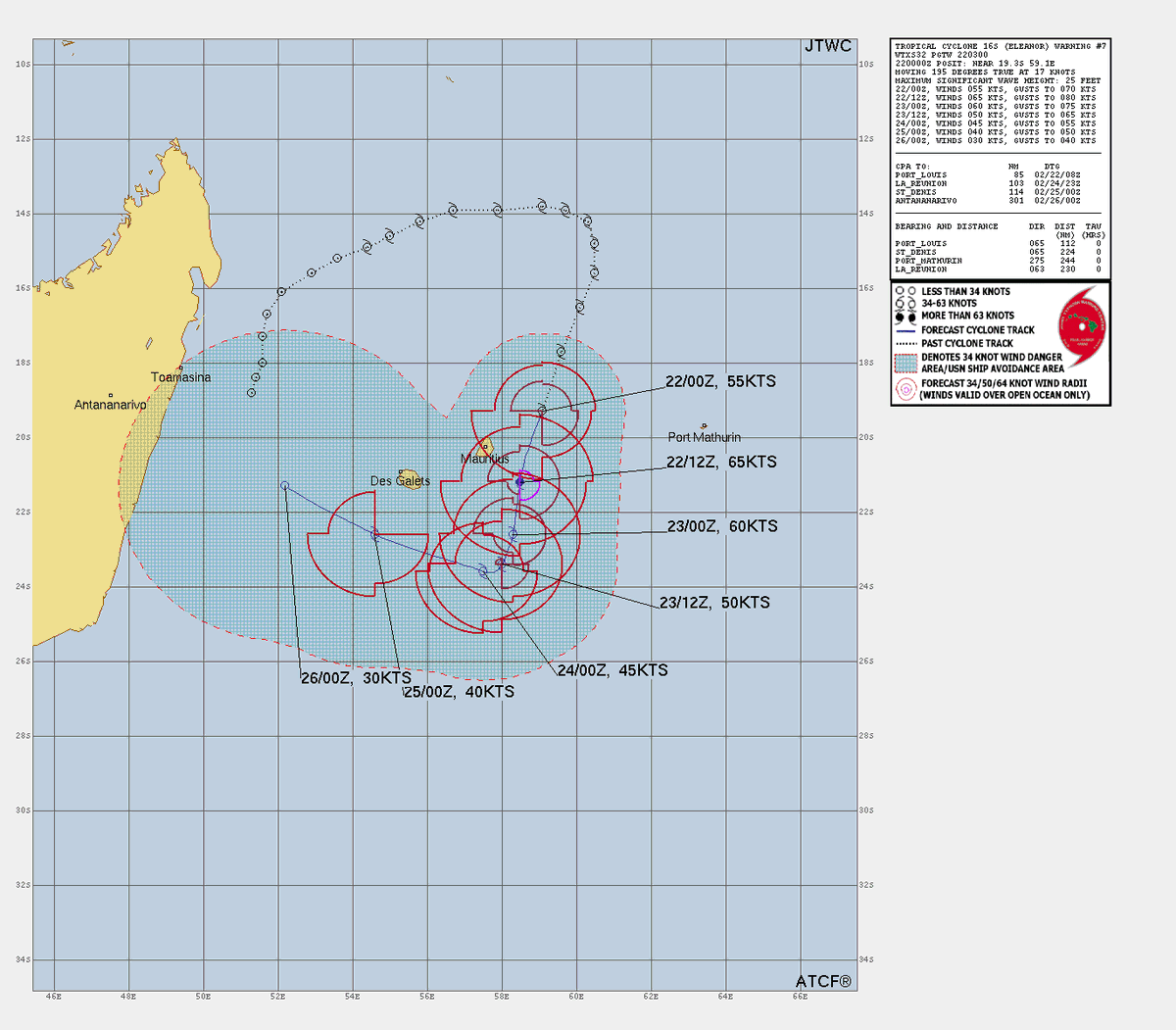 LimWeather's tweet photo. #Eleanor, NE of #Mauritius up to 65mph as it moves S and W, forecasted to peak at =>75mph C1 before bringing impacts there and #Reunion
All interests there, #Madagascar should watch this closely life threatening #Flooding rains likely
#wxtwitter #Cyclone #CycloneEleanor #France https://t.co/0woi5RBPiW