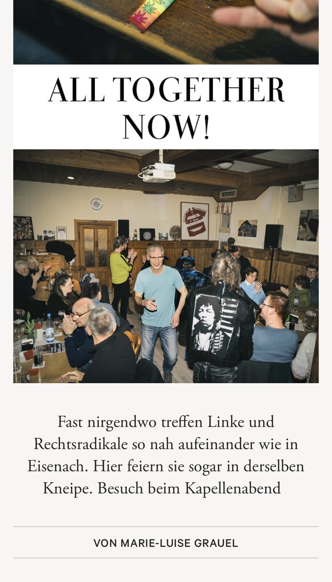 In Eisenach gibts eine Kneipe, in der Linke mit Rechtsradikalen feiern. 
Unsere Reporterin <a href="/ma_lu_gr/">Marie-Luise Grauel</a> und der Fotograf Felix Adler waren zum „Kapellenabend“ da. Und irgendwann kam ihretwegen die Polizei. Der Text erscheint heute in der <a href="/DIEZEIT/">DIE ZEIT</a> IM OSTEN