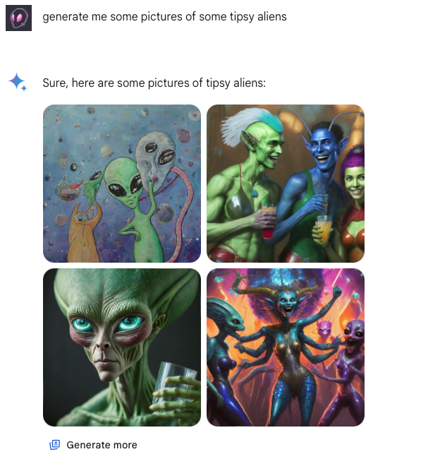 tipsyaliens's tweet photo. WTF Gemini, these aliens are barely tipsy https://t.co/tV6OL3F83G